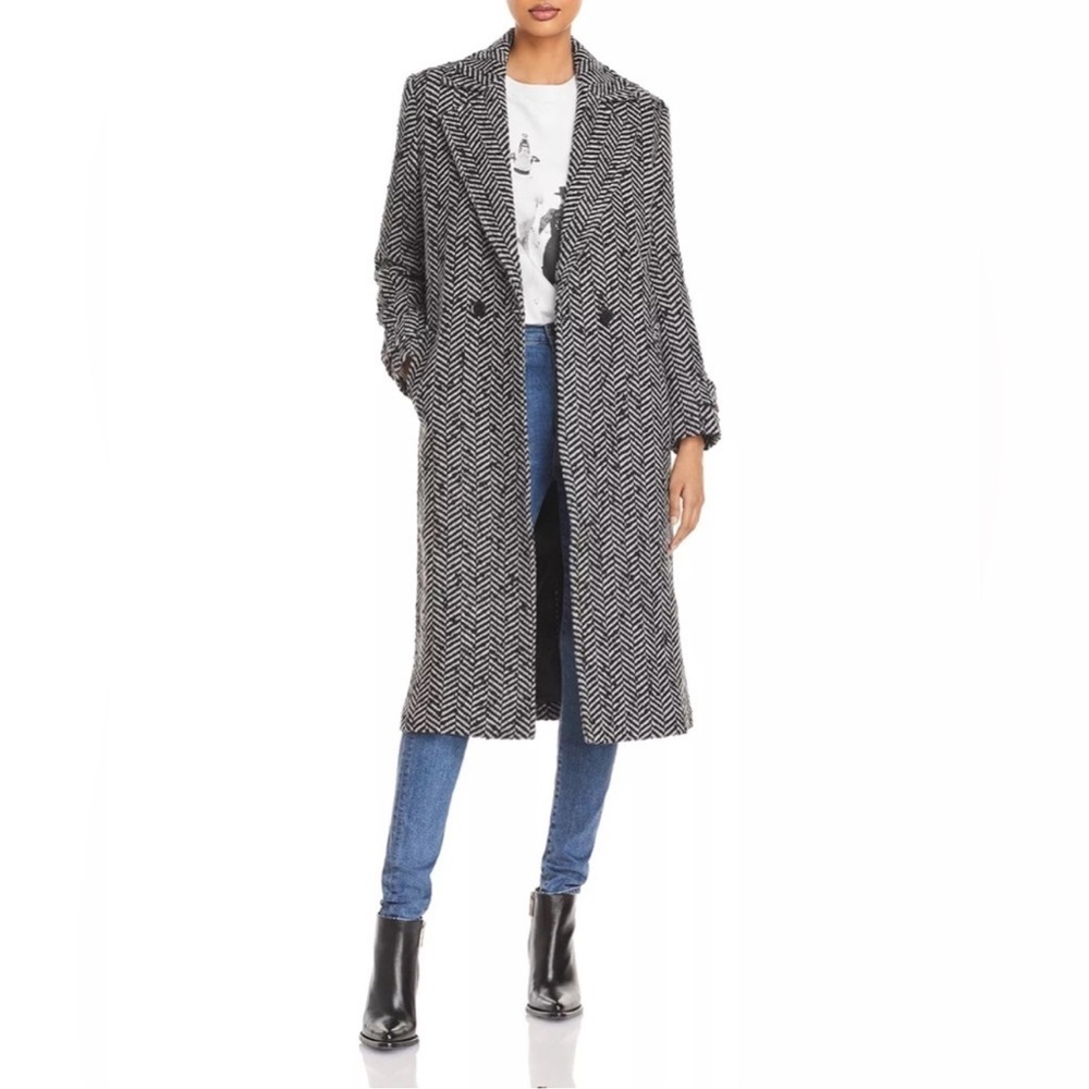 Anine Bing Elodie Herringbone Tweed Long Overcoat